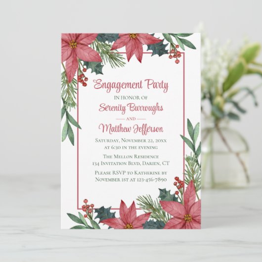 Invitation Poinsettia Noël Rouge Floral Fiançailles Part (Debout devant)