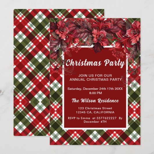 Invitation Poinsettia Plaid Tartan Kraft Noël rustique (Devant / Derrière)