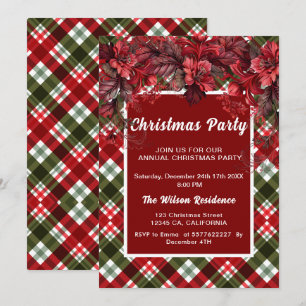 Invitation Poinsettia Plaid Tartan Kraft Noël rustique