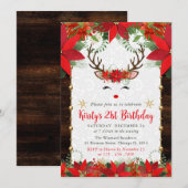 Invitation Poinsettia & Reindeer Face Noël Anniversaire (Devant / Derrière)