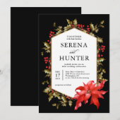 Invitation Poinsettia rouge et houx Mariage d'hiver (Devant / Derrière)