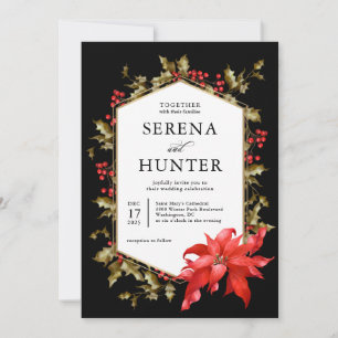 Invitation Poinsettia Rouge et Houx Mariage d'Hiver