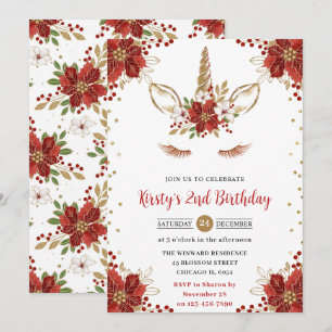 Invitation Poinsettia rouge et or Unicorn visage Anniversaire