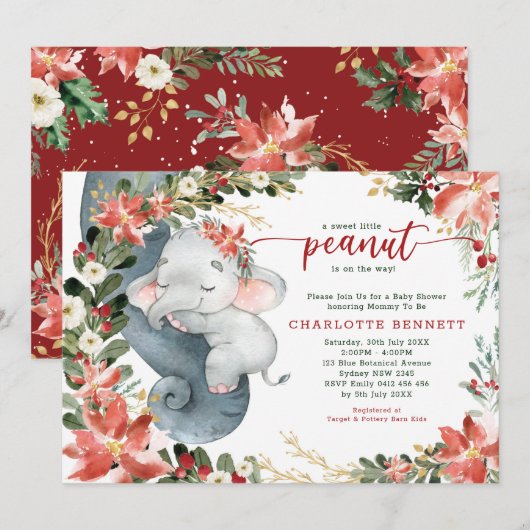 Invitation Poinsettia verdure Elephant Baby shower de vacance (Devant / Derrière)