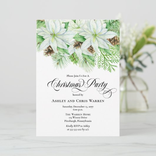 Invitation Poinsettias blanches | Fête de Noël Pinecones Pine (Debout devant)