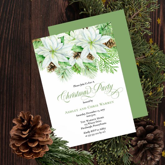 Invitation Poinsettias blanches | Fête de Noël Pinecones Pine