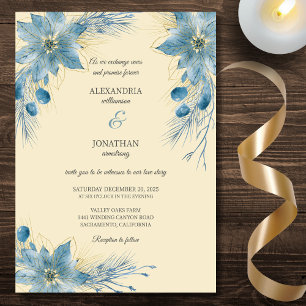 Invitation Poinsettias Bleus et Dorés Modernes sur Mariage Do