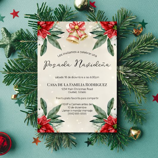 Invitation Poinsettias en espagnol Posada Navideña Noël