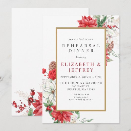 Invitation Poinsettias Gold Holly Répétition de Noël Dîner (Devant / Derrière)