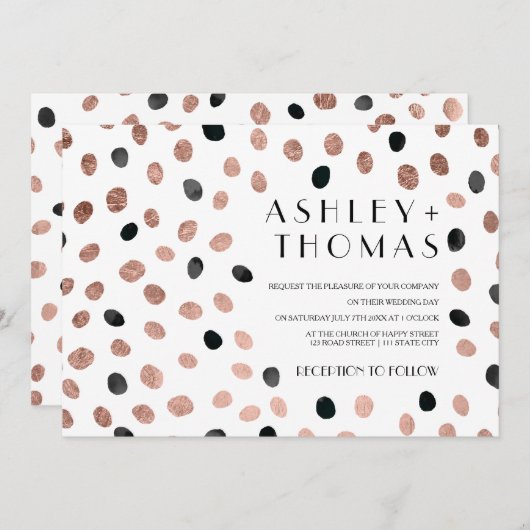 Invitation Point d'aquarelle noir or rose moderne mariage (Devant / Derrière)