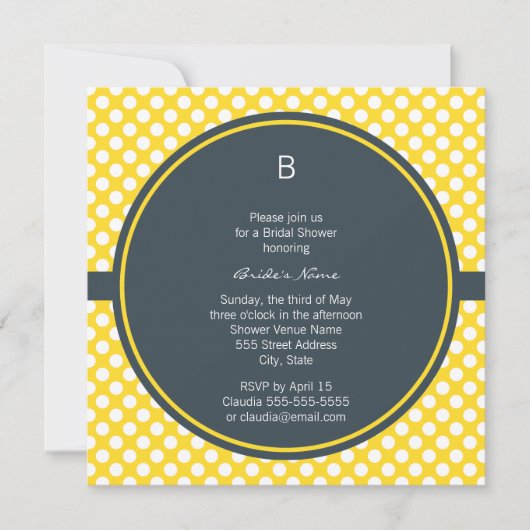 Invitation Point de polka monogramme blanc, jaune et charbon (Devant)