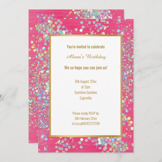 INVITATION POINTE HOLOGRAPHIQUE ROSE CHAUD CLAIR TEXTÉE (Devant / Derrière)