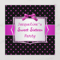 Pointe Polka noir et rose chaud Sweet 16 Invitatio