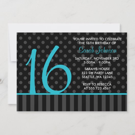 Invitation Pointe Polka Turquoise et noire Gratuits 16 Annive (Devant)
