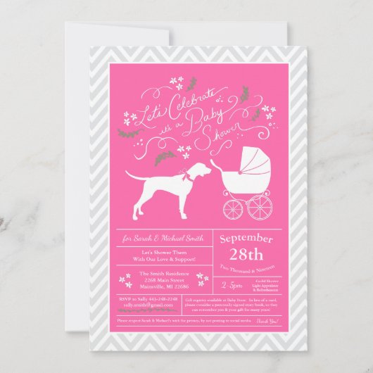 Invitation Pointer Chien Baby shower fille rose (Devant)