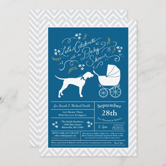 Invitation Pointer Chien Baby shower Garçon bleu (Devant / Derrière)