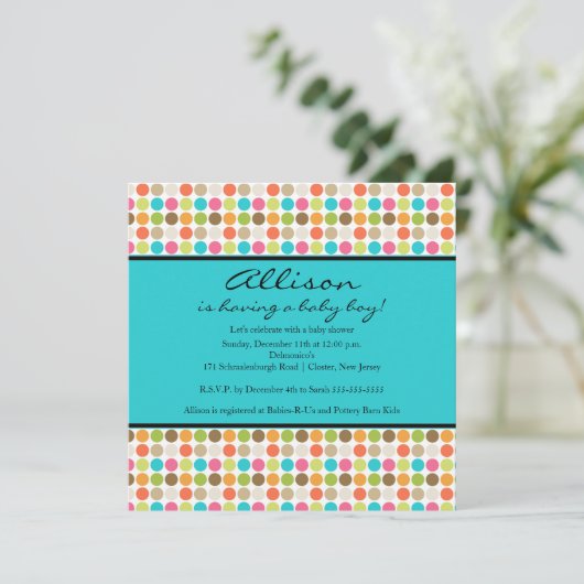 Invitation POINTS AMUSANTS TURQUOISE bébé fille ou garçon dou (Debout devant)