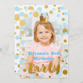 Invitation Points Bleus et Or Anniversaire Fête Photo Invitat (Devant / Derrière)