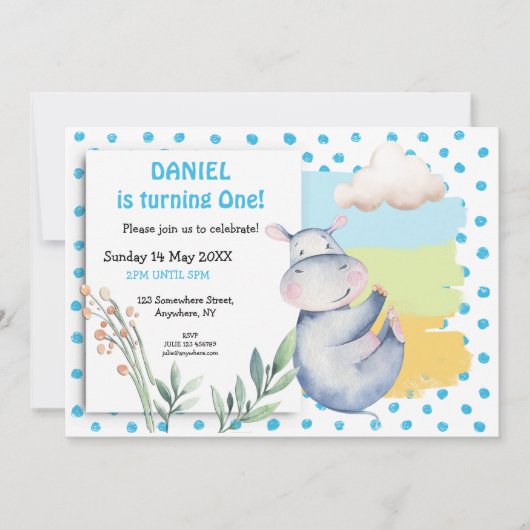Invitation Points Bleus Hippo Cute Garçons Première fête d'an (Devant)