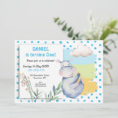 Invitation Points Bleus Hippo Cute Garçons Première fête d'an (Debout devant)