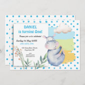 Invitation Points Bleus Hippo Cute Garçons Première fête d'an (Devant / Derrière)