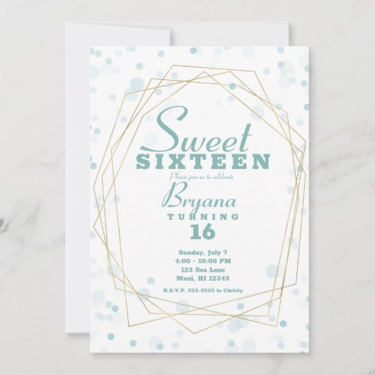 Invitation Points Bleus Sarcelle & Géométrique Moderne Doré S (Devant)