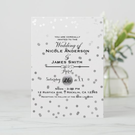 Invitation Points Confetti Argent Blanc Élégant Mariage moder (Debout devant)
