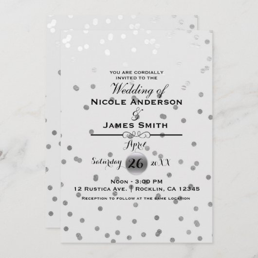Invitation Points Confetti Argent Blanc Élégant Mariage moder (Devant / Derrière)