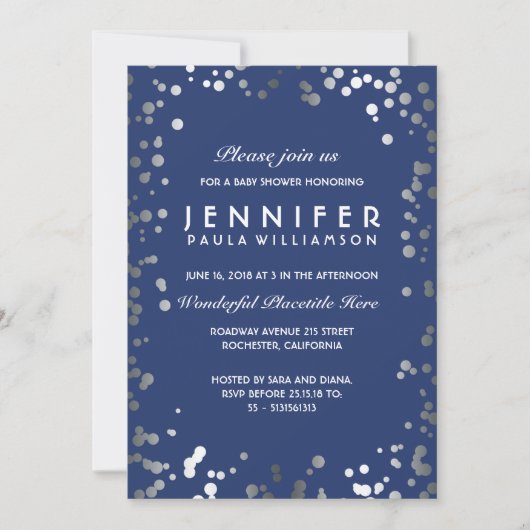 Invitation Points Confetti Argent et Marine Baby shower Vinta (Devant)