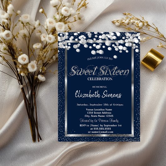 Invitation Points Confetti Argent Marine Bleu Sweet 16