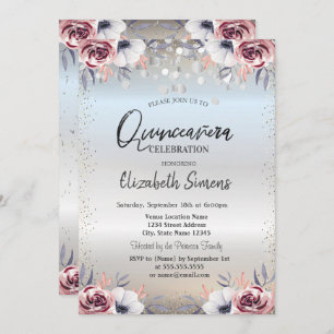 Invitation Points Confetti Argent Quinceañera Floral Argent