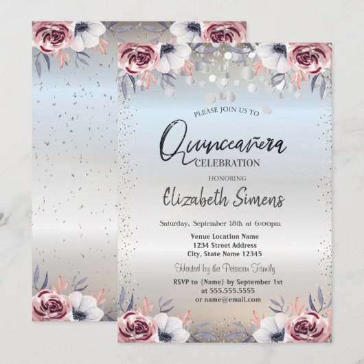 Invitation Points Confetti Argent Quinceañera Floral Argent (Devant / Derrière)