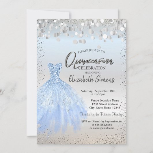 Invitation Points Confetti Argent, Robe Bleue Quinceañera (Devant)