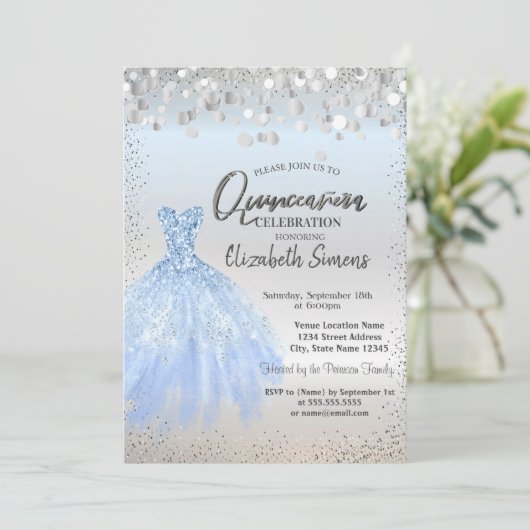 Invitation Points Confetti Argent, Robe Bleue Quinceañera (Debout devant)