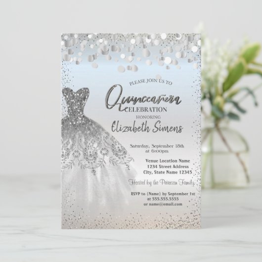 Invitation Points Confetti Argent, Robe Chic Quinceañera (Debout devant)