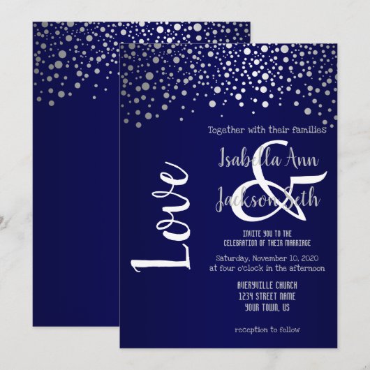 Invitation Points confetti bleu marine et argent (Devant / Derrière)
