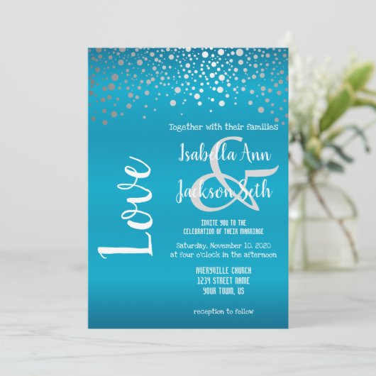 Invitation Points Confetti bleu turquoise et argent (Debout devant)