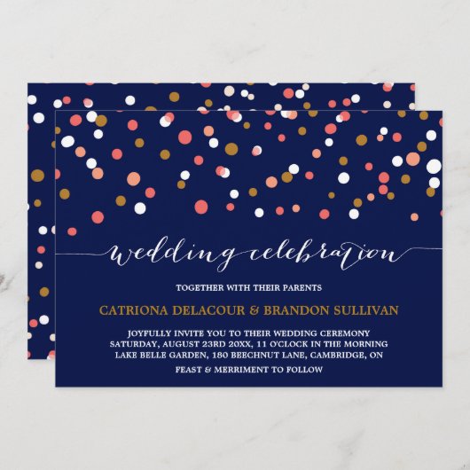 Invitation Points Confetti Corail & Or | Mariage de marine (Devant / Derrière)
