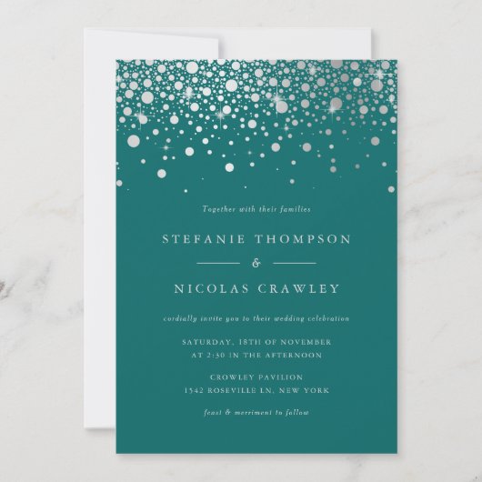 Invitation Points Confetti Faux Silver Foil Mariage Turquoise (Devant)