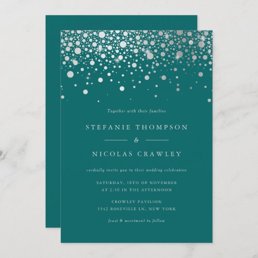 Invitation Points Confetti Faux Silver Foil Mariage Turquoise (Devant / Derrière)