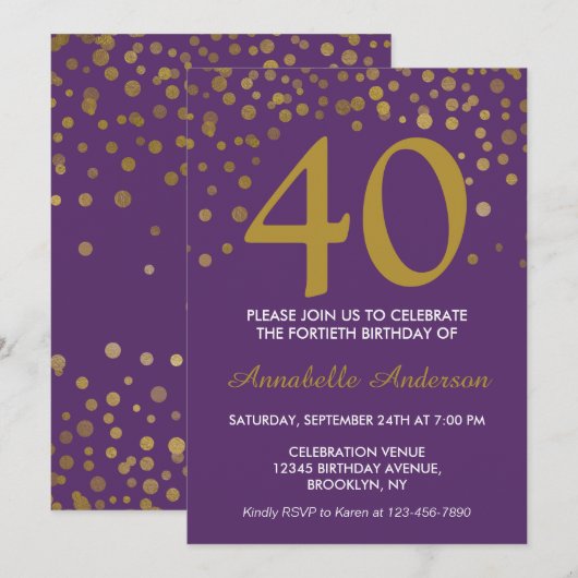 Invitation Points Confetti modernes de 40e anniversaire viole (Devant / Derrière)