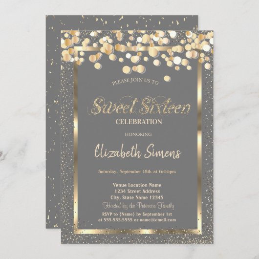 Invitation Points Confetti Or Brown Sweet 16 (Devant / Derrière)