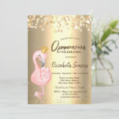 Invitation Points Confetti Or, Flamant rose rose Couronne Qui (Debout devant)