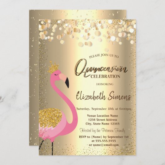 Invitation Points Confetti Or, Flamant rose rose Quinceañera (Devant / Derrière)