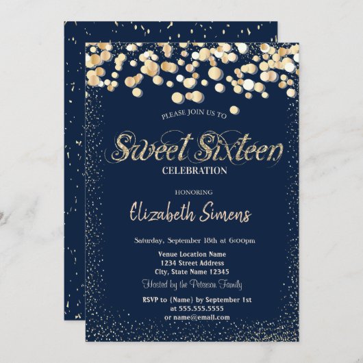 Invitation Points Confetti Or Marine Blue Sweet 16 (Devant / Derrière)