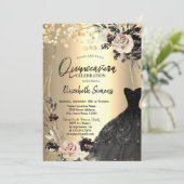 Invitation Points Confetti Or, Roses, Robe Noire Cadre (Debout devant)