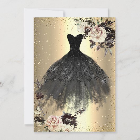 Invitation Points Confetti Or, Roses, Robe Noire Cadre (Dos)