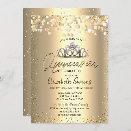 Invitation Points Confetti Or, Tiara Quinceañera (Devant / Derrière)