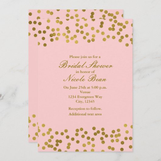 Invitation Points Confetti Pink & Gold Faux Blushing (Devant / Derrière)