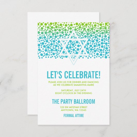 Invitation Points Confetti Réception Bat mitzvah vert Turquoi (Devant / Derrière)